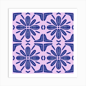 Blue and Lilac Floral Tile Pattern Art Print