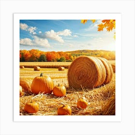 Autumn Harvest Scene Featuring Oversized Pumpkins Nestled Among Stalks Of Sunlit Corn Bales Of Hay Art Print