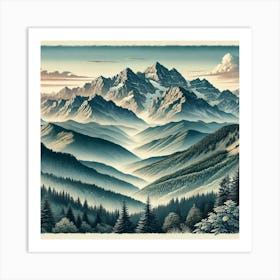 Majestic Mountain Ranges Printed Art A Panoramic Illustration Of Stunning Mountain Landscapes, Perfect For Bringing The Beauty And Serenity Of Nature Into Any Space Printed Art Art Print