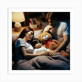 Family In Bed With Teddy Bear Art Print