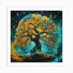 A Colorful Painting With A Blue Oak, In The Style Of Luminous Spheres, Dark Yellow And Turquoise, Wa Art Print