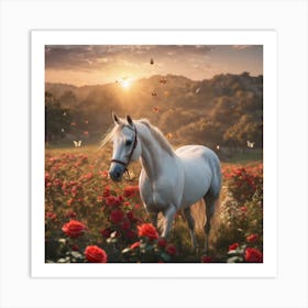 White Horse In A Field Of Roses Art Print