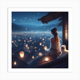 Little girl and her little dog looking at the night sky together Art Print