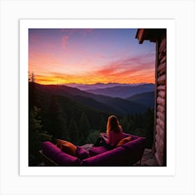 Woman Savoring The Majesty Of A Sunset From Her Isolated Mountain Porch Sun Blending Into The Horiz 2 Art Print