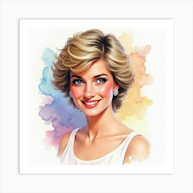 Elegant Princess Diana Smiling With A Splash Of Watercolor Pastels Behind 1 Art Print