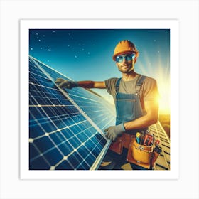 Harnessing the Power of the Sun: A Solar Panel Installation Journey Led by a Skilled and Determined Solar Panel Installer Art Print