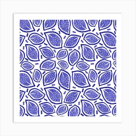 Navy Blue Scattered Leaves Polka Dot Art Print