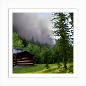 A Cabin At The Bottom Of A Mountain Smoke Rising From The Chimney Amidst Large Green Spaces (1) Art Print