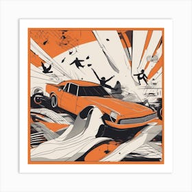 A Silhouette Of A Car Wearing A Black Hat And Laying On Her Back On A Orange Screen, In The Style Of (1) Art Print