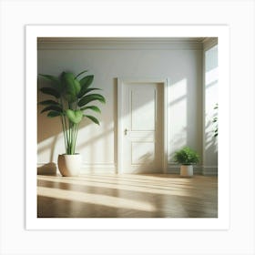 The warm sunlight streams through the windows of the empty room, casting a golden glow on the hardwood floors. The walls are painted a soft white, and the trim is a crisp white, creating a bright and airy space. There is a single door in the room, painted a creamy white, with a shiny silver doorknob. The room is empty, save for a few potted plants in the corners, and it is ready to be filled with furniture and decorations. Art Print