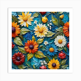 Flowers On A Blue Background 8 Art Print