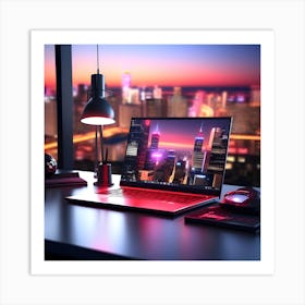 Laptop On Desk At Night 2 Art Print