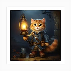 Cat Wearing A Blue Coat And Holding A Lantern Art Print