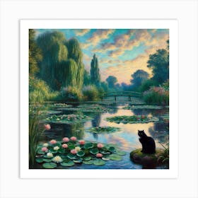 The Water Lily Pond with a Black Cat (Inspired by Claude Monet and Hffancy) 2 Art Print