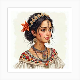 Spanish Girl With A Traditional Necklace, Watercolor With Detailed Patterns 1 Art Print