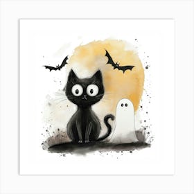 Cute Halloween Black Cat & Ghost Art Print