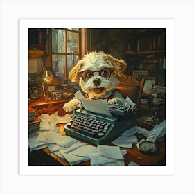 Funny Dog Writer Vintage Art Background 8 Art Print