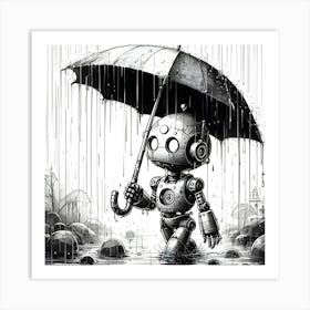 Robot Holding An Umbrella In The Rain, Ink Drawing 4 Art Print