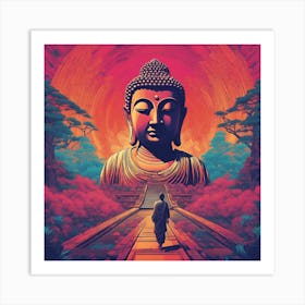 Lord Buddha Is Walking Down A Long Path, In The Style Of Bold And Colorful Graphic Design, David , R (5) Art Print