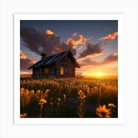 A Small Rustic Cabin With A Dark Roof In The Midst Of A Blooming Canola Field During Golden Hour Art Print