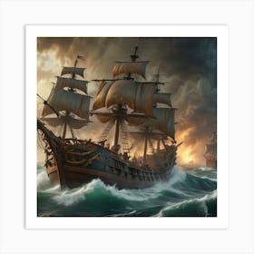 Pirate Ships In Stormy Seas Art Print