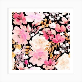 Floral Chaos Black Pink Art Print