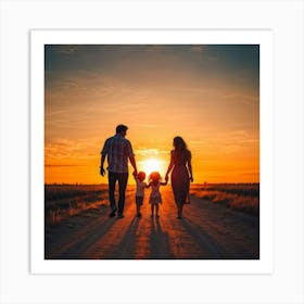 A Family Immersed In A Content Moment Walking Hand In Hand Against A Background Of A Sunset Graduall (5) Art Print