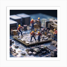 Miniature Workers On A Circuit Board Art Print