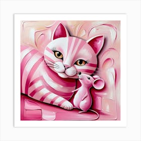 Pink Cat And Mouse together Art Print