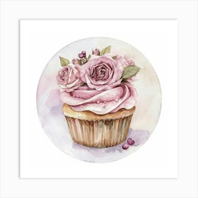 Watercolor Delicious Pink Flower Cupcake Art Print