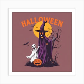 Halloween Witch And Ghost Art Print