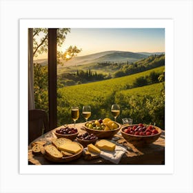 Sunrise in Tuscany: A wooden bowl brimming with fresh fruit, cheese, and bread on a rustic table, surrounded by wine glasses and a cruet of olive oil Art Print