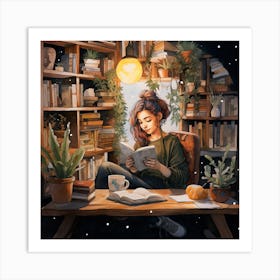 Girl Reading In Cosy Plant Bookshop Watercolour Illustration Art Print