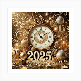 Festive Midnight Clock Wall Art: A Celebratory Scene to Welcome the New Year 2025 for Home and Event Decor Print Art Art Print