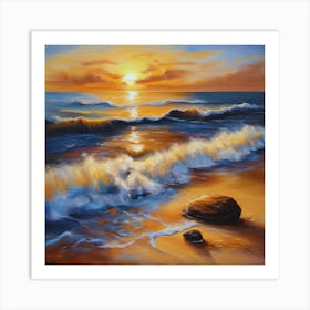 The sea. Beach waves. Beach sand and rocks. Sunset over the sea. Oil on canvas artwork.9 Art Print