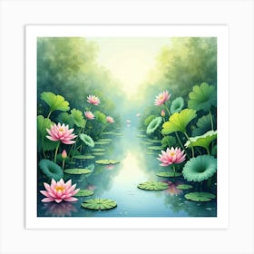 Mystical Pond With Lotus Flowers, Watercolor 1 Art Print