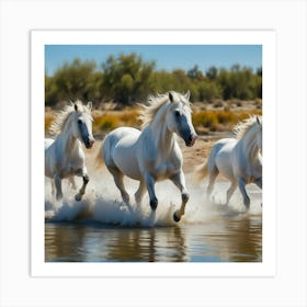 White Horses Running In Water Art Print