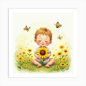 Baby Holding A Sunflower In A Watercolor Meadow With Butterflies Art Print