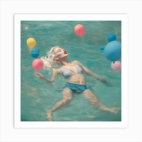 Blonde Woman Floating in Water With Ballons Art Print