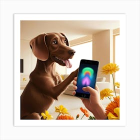 A Curious Brown Dog With Floppy Ears And A Wagging Tail, Its Tongue Lolling Out Of Its Mouth, Holds A Sleek Black Smartphone In Its Paw, Its Eyes Fixed Intently On The Screen 1 Art Print