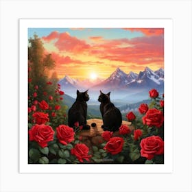 2 Cat And Red Roses Art Print