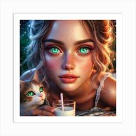 Girl With Green Eyes And Cat Art Print