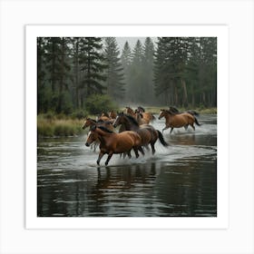 Herd Of Horses In The River 1 Art Print