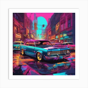Neon Cars In The City Art Print