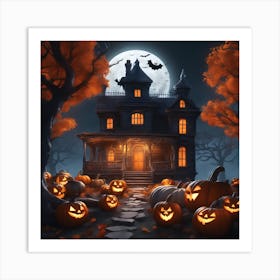 Halloween House With Pumpkins 16 Art Print