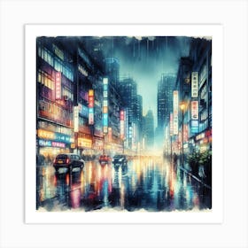 Rain Soaked Cityscape With Neon Lights Reflecting On Wet Pavement (1) Art Print