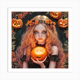 Halloween Girl Holding Pumpkin Art Print