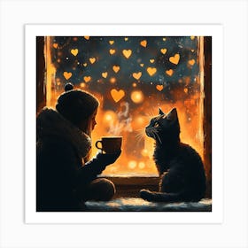 Cat and Person Sharing Hot Cocoa Artwork 2 Art Print