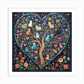 Folk Art Heart Tree Cat Climbing Artwork 9 Art Print