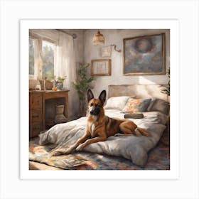 German Shepherd In The Bedroom Dog On Bed Painting ( Bohemian Design ) Art Print